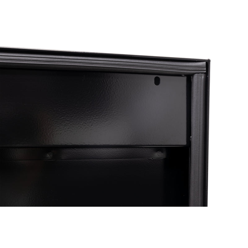 Weather Guard 175-5-04 Lo-Side box in gloss black, close-up of the D-shaped ribbed weather seal around the opening