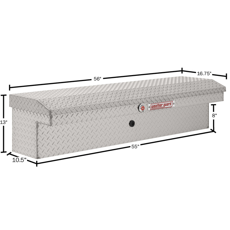 Weather Guard 178-0-04 low-profile Lo-Side box in bright aluminum diamond plate, dimensional line drawing with the overall length, width and height called out