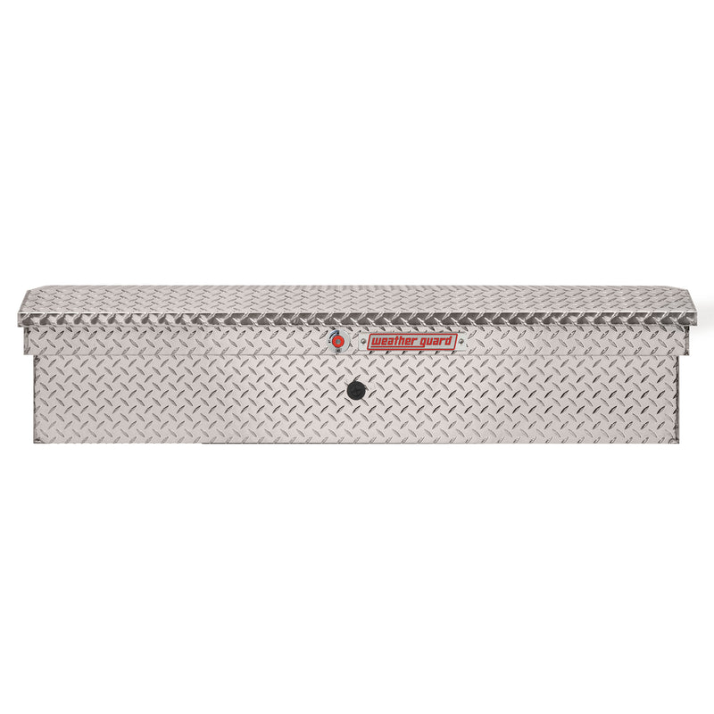 Weather Guard 178-0-04 low-profile Lo-Side box in bright aluminum diamond plate, straight-on front elevation with the lid closed
