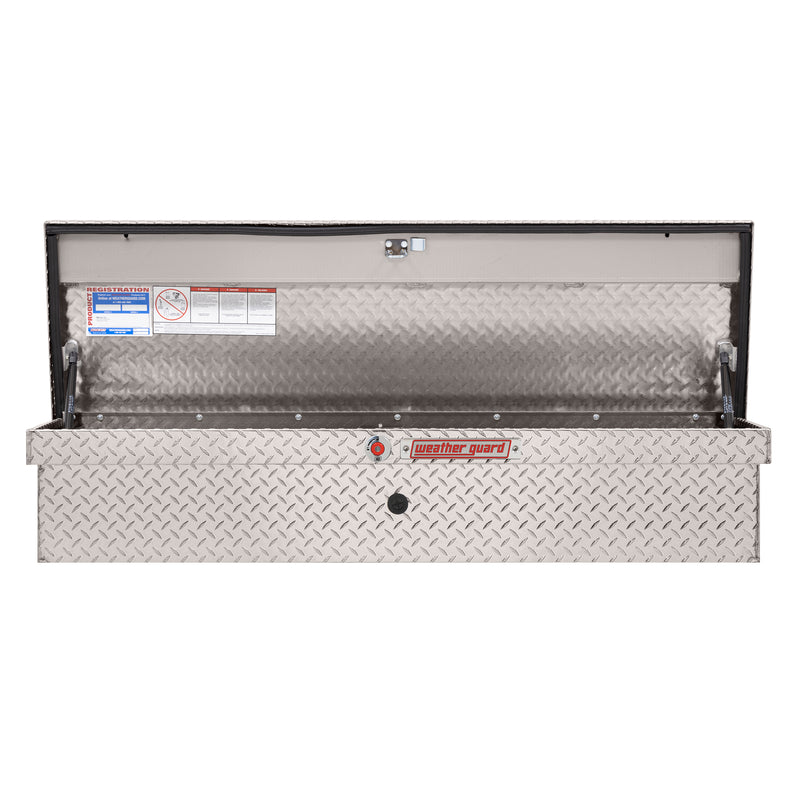 Weather Guard 178-0-04 low-profile Lo-Side box in bright aluminum diamond plate, straight-on front view with the lid open, showing the full interior