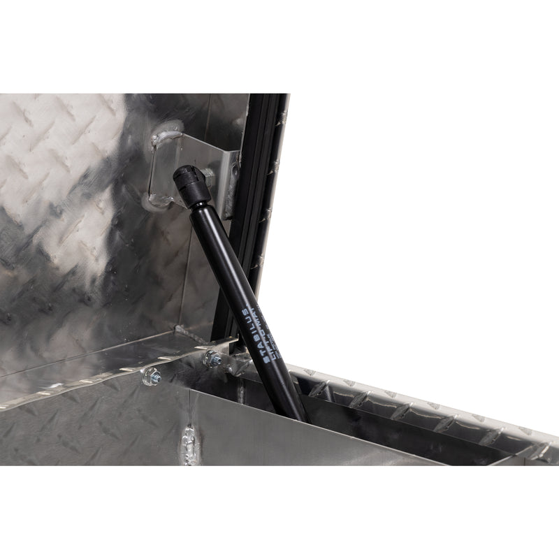 Weather Guard 178-0-04 low-profile Lo-Side box in bright aluminum diamond plate, close-up of the gas strut holding the lid open