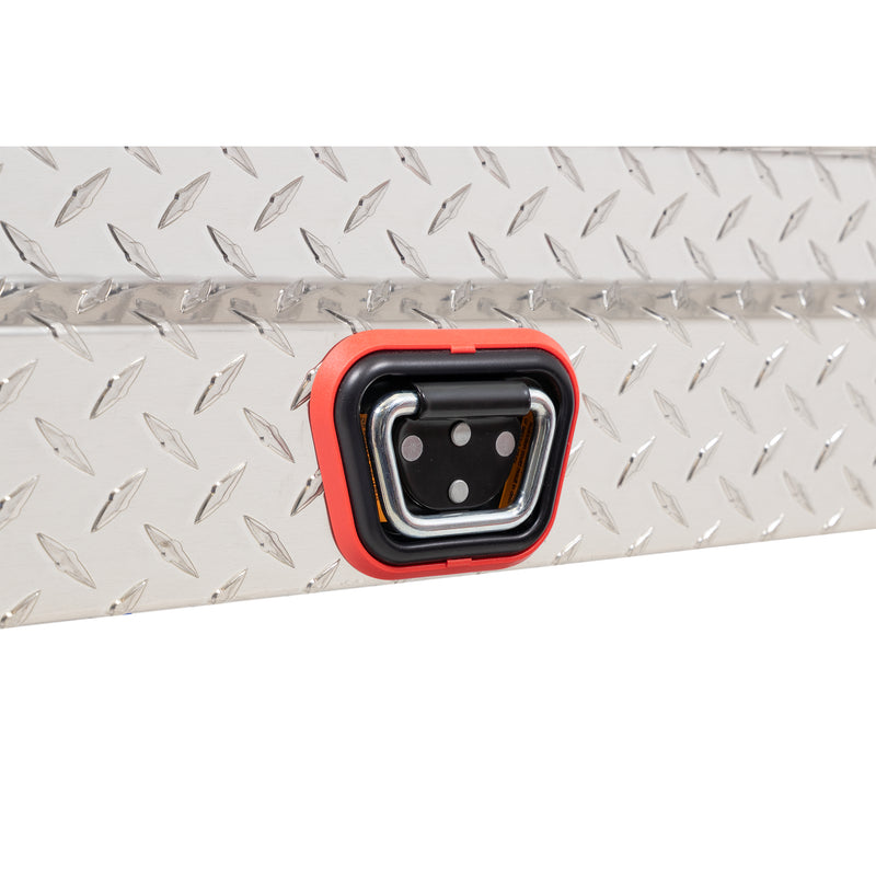 Weather Guard 178-0-04 low-profile Lo-Side box in bright aluminum diamond plate, close-up of the reinforced tie-down buckle on the body