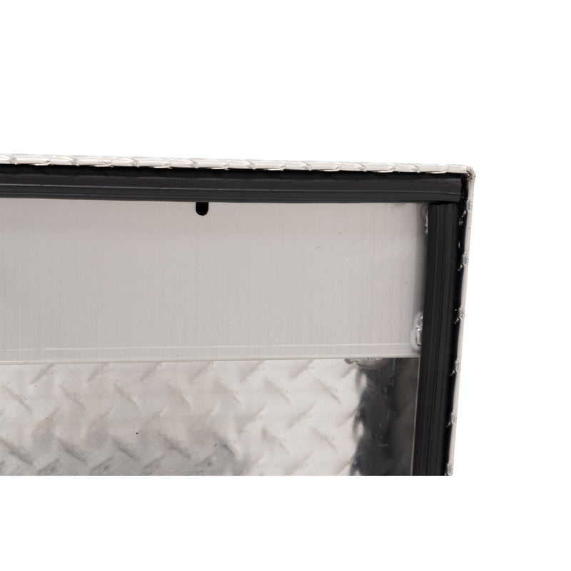 Weather Guard 178-0-04 low-profile Lo-Side box in bright aluminum diamond plate, close-up of the D-shaped ribbed weather seal around the opening