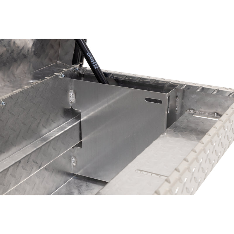 Weather Guard 178-0-04 low-profile Lo-Side box in bright aluminum diamond plate, close-up of the welded gas strut shield inside the body