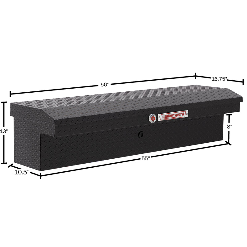 Weather Guard 178-5-04 low-profile Lo-Side box in gloss black, dimensional line drawing with the overall length, width and height called out