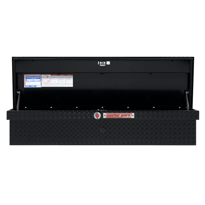 Weather Guard 178-5-04 low-profile Lo-Side box in gloss black, straight-on front view with the lid open, showing the full interior