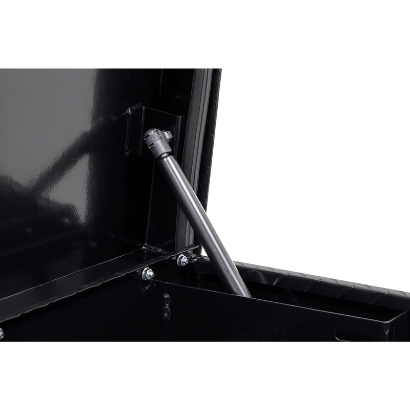 Weather Guard 178-5-04 low-profile Lo-Side box in gloss black, close-up of the gas strut holding the lid open
