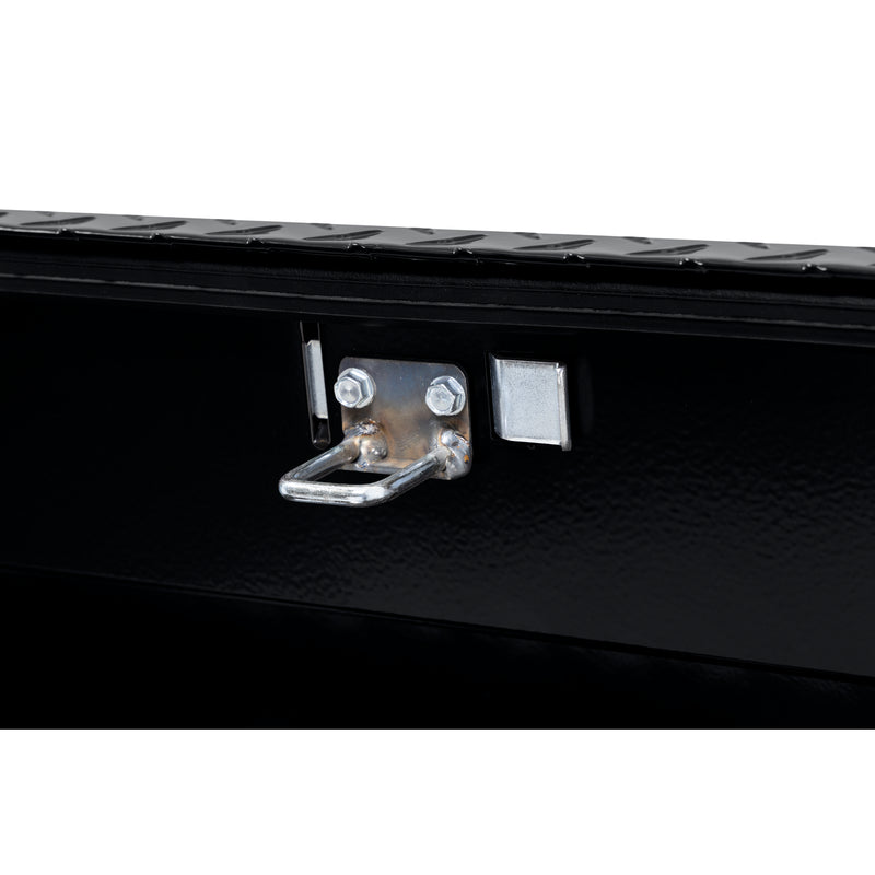 Weather Guard 178-5-04 low-profile Lo-Side box in gloss black, close-up of the latch and striker along the lid opening