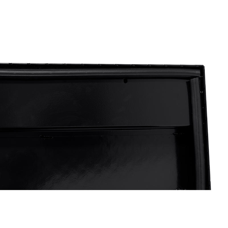 Weather Guard 178-5-04 low-profile Lo-Side box in gloss black, close-up of the D-shaped ribbed weather seal around the opening