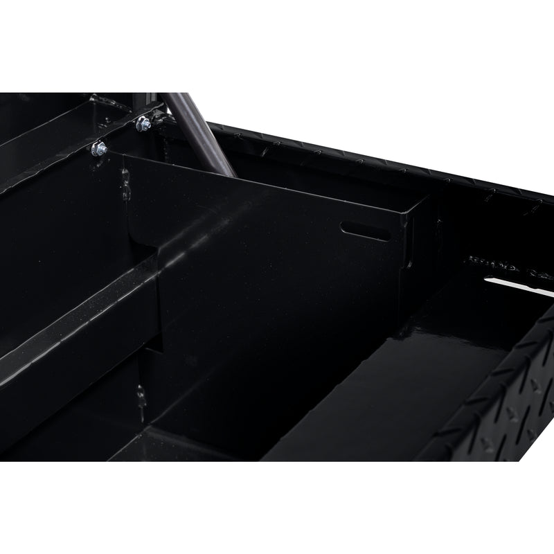 Weather Guard 178-5-04 low-profile Lo-Side box in gloss black, close-up of the welded gas strut shield inside the body
