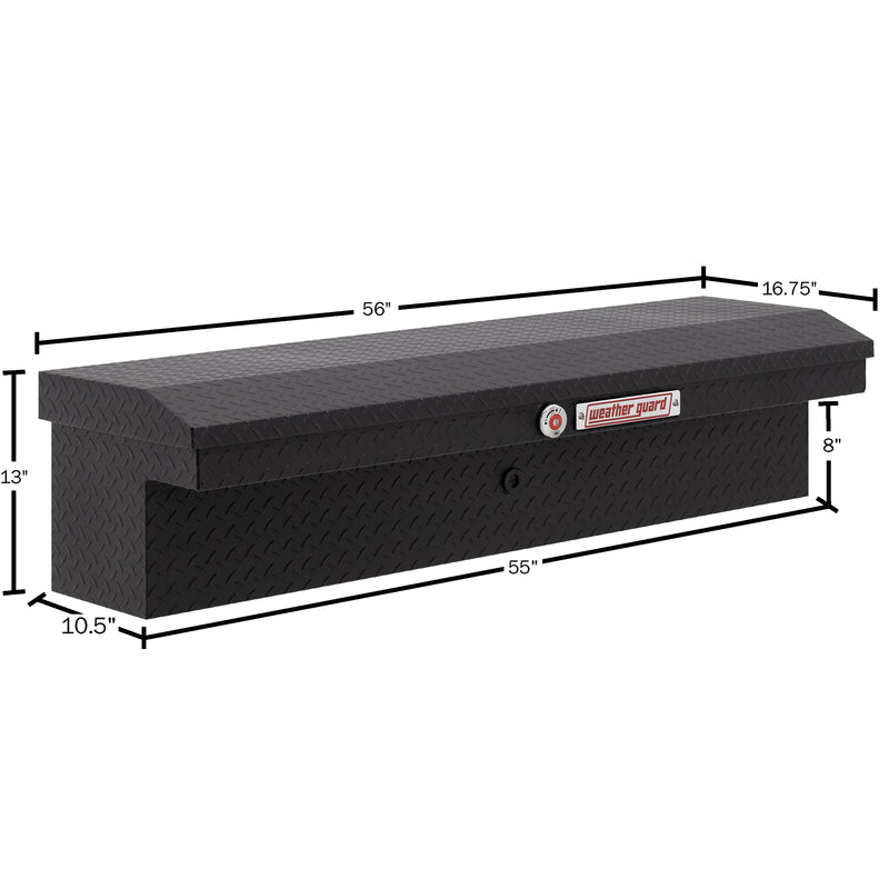 Weather Guard 178-52-04 low-profile Lo-Side box in textured matte black, dimensional line drawing with the overall length, width and height called out