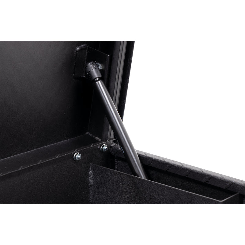 Weather Guard 178-52-04 low-profile Lo-Side box in textured matte black, close-up of the gas strut holding the lid open