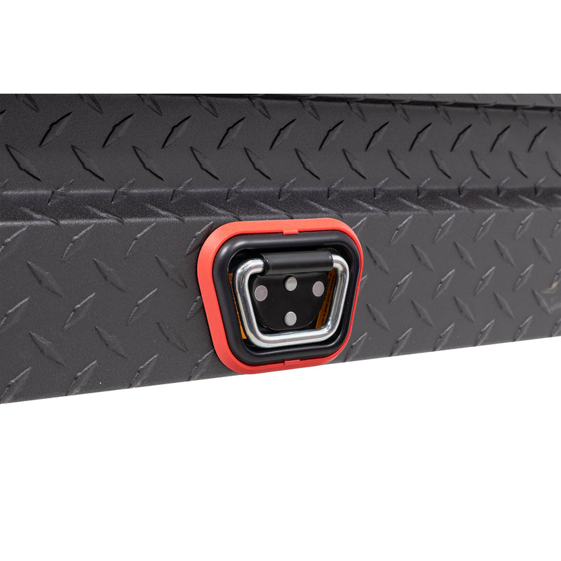 Weather Guard 178-52-04 low-profile Lo-Side box in textured matte black, close-up of the reinforced tie-down buckle on the body