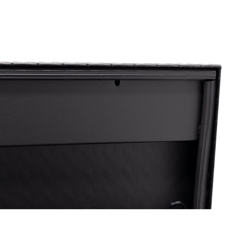 Weather Guard 178-52-04 low-profile Lo-Side box in textured matte black, close-up of the D-shaped ribbed weather seal around the opening