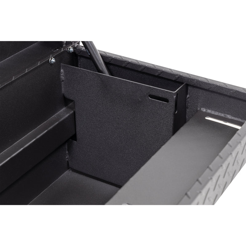 Weather Guard 178-52-04 low-profile Lo-Side box in textured matte black, close-up of the welded gas strut shield inside the body