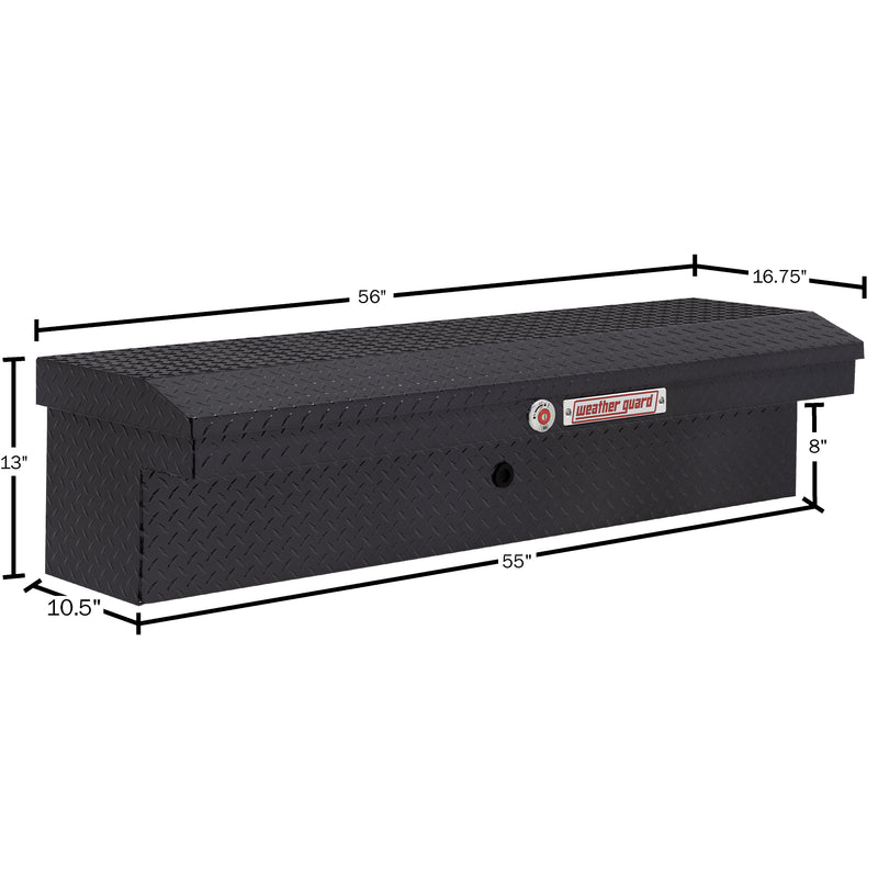 Weather Guard 178-6-04 low-profile Lo-Side box in gunmetal gray, dimensional line drawing with the overall length, width and height called out