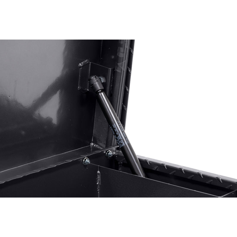 Weather Guard 178-6-04 low-profile Lo-Side box in gunmetal gray, close-up of the gas strut holding the lid open