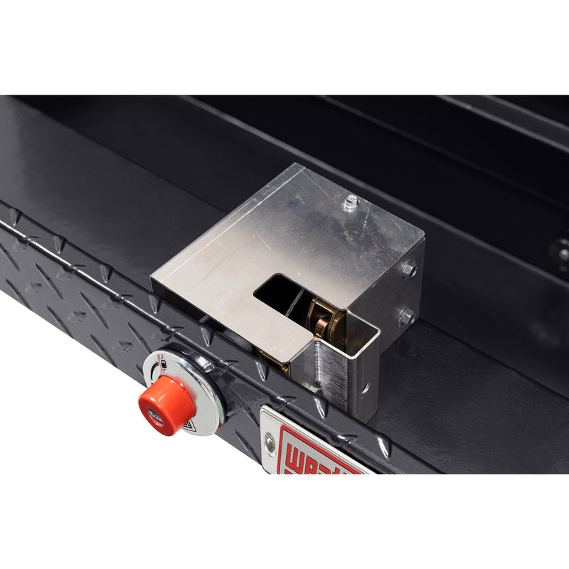 Weather Guard 178-6-04 low-profile Lo-Side box in gunmetal gray, close-up of the lock cylinder and the stainless striker housing