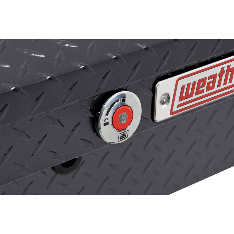 Weather Guard 178-6-04 low-profile Lo-Side box in gunmetal gray, close-up of the red push-button lock and Weather Guard badge
