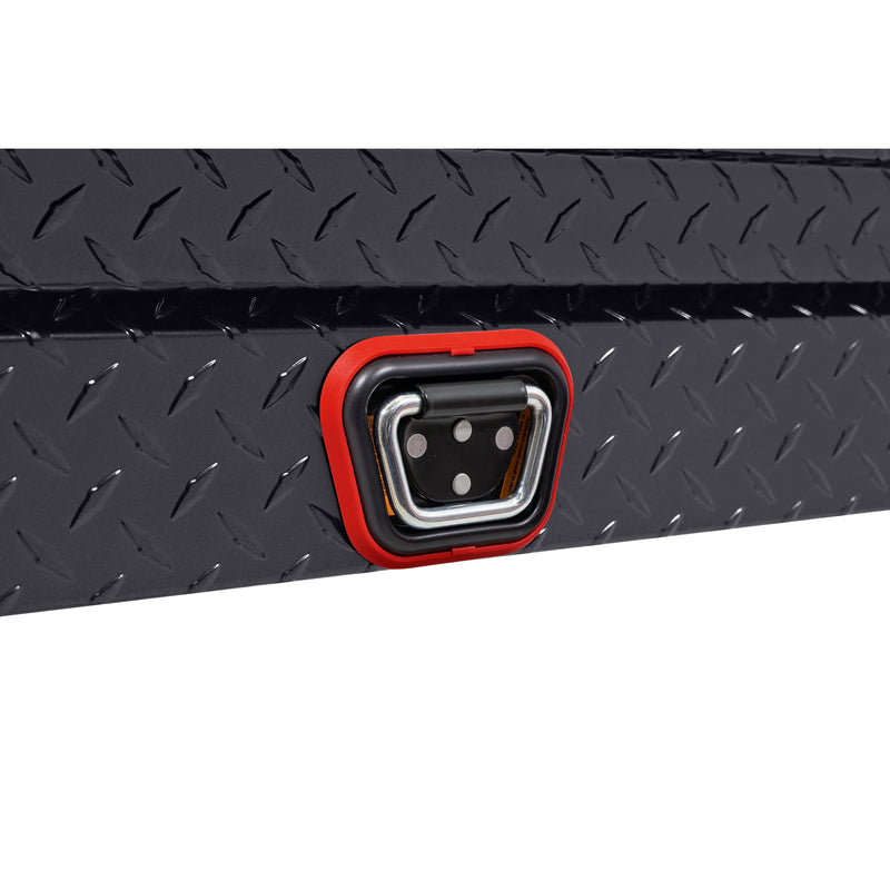 Weather Guard 178-6-04 low-profile Lo-Side box in gunmetal gray, close-up of the reinforced tie-down buckle on the body