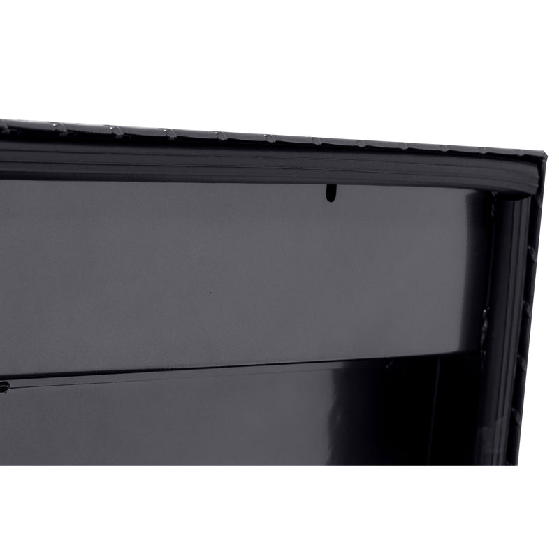 Weather Guard 178-6-04 low-profile Lo-Side box in gunmetal gray, close-up of the D-shaped ribbed weather seal around the opening