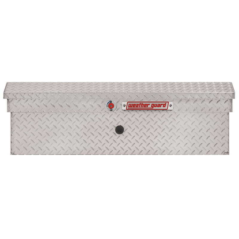 Weather Guard 180-0-04 low-profile Lo-Side box in bright aluminum diamond plate, straight-on front elevation with the lid closed