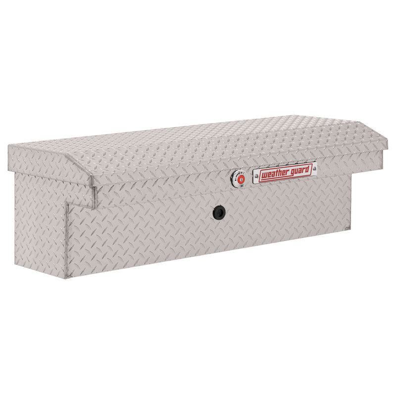 Weather Guard 180-0-04 low-profile Lo-Side box in bright aluminum diamond plate, front three-quarter studio view with the lid closed