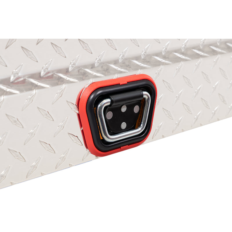 Weather Guard 180-0-04 low-profile Lo-Side box in bright aluminum diamond plate, close-up of the reinforced tie-down buckle on the body