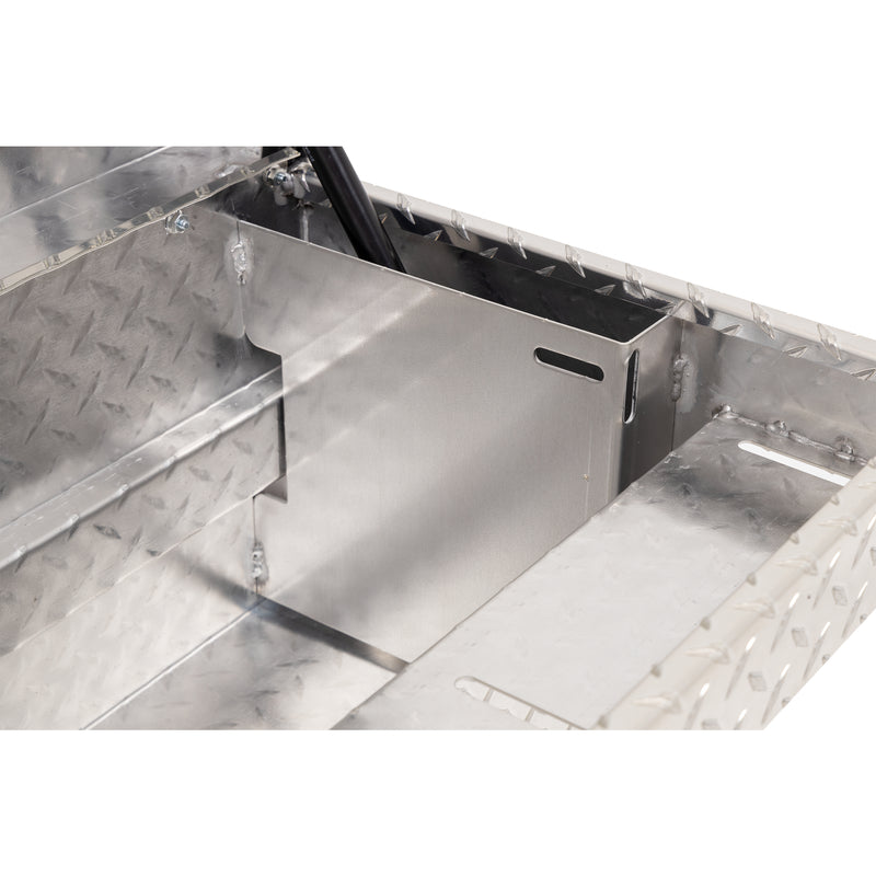 Weather Guard 180-0-04 low-profile Lo-Side box in bright aluminum diamond plate, close-up of the welded gas strut shield inside the body