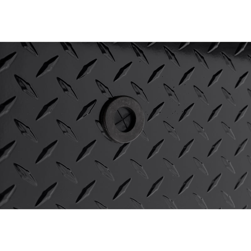 Weather Guard 180-5-04 low-profile Lo-Side box in gloss black, close-up of the 12 volt power pass access port grommet