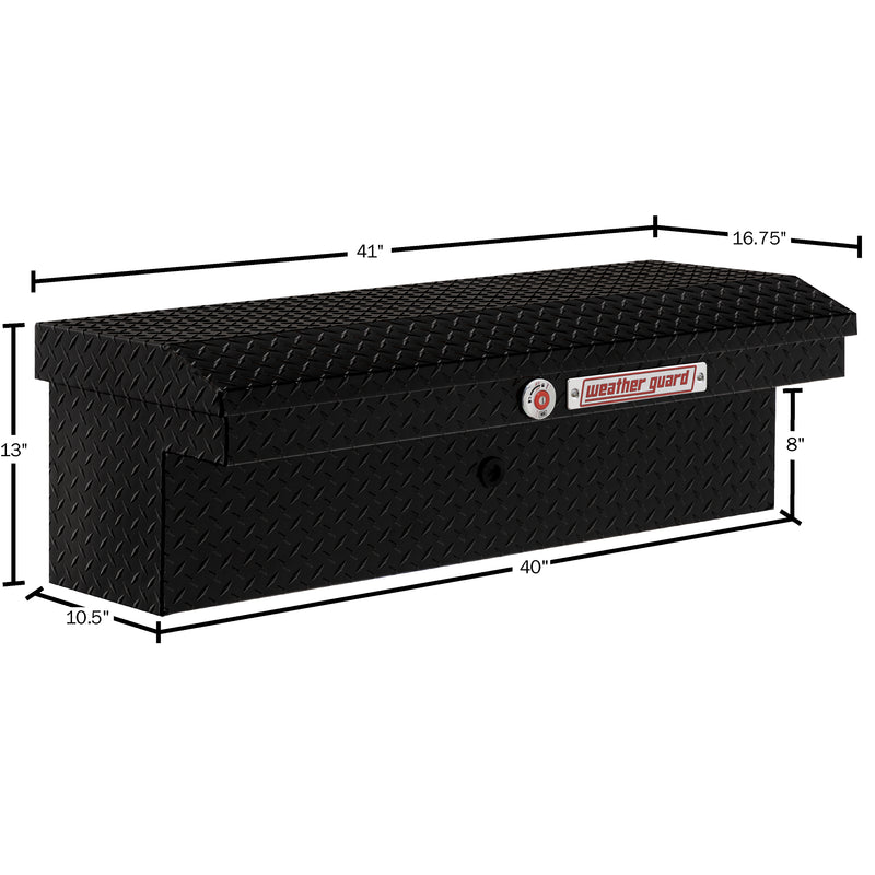 Weather Guard 180-5-04 low-profile Lo-Side box in gloss black, dimensional line drawing with the overall length, width and height called out