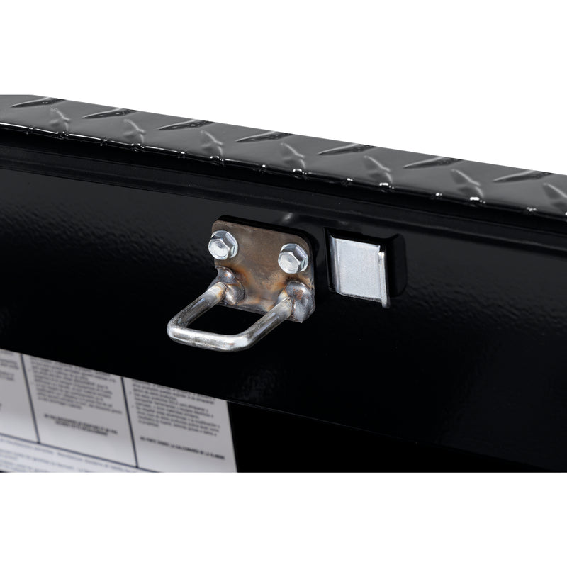 Weather Guard 180-5-04 low-profile Lo-Side box in gloss black, close-up of the latch and striker along the lid opening