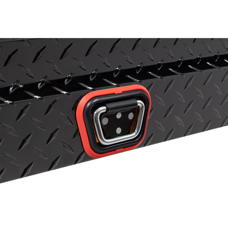 Weather Guard 180-5-04 low-profile Lo-Side box in gloss black, close-up of the reinforced tie-down buckle on the body