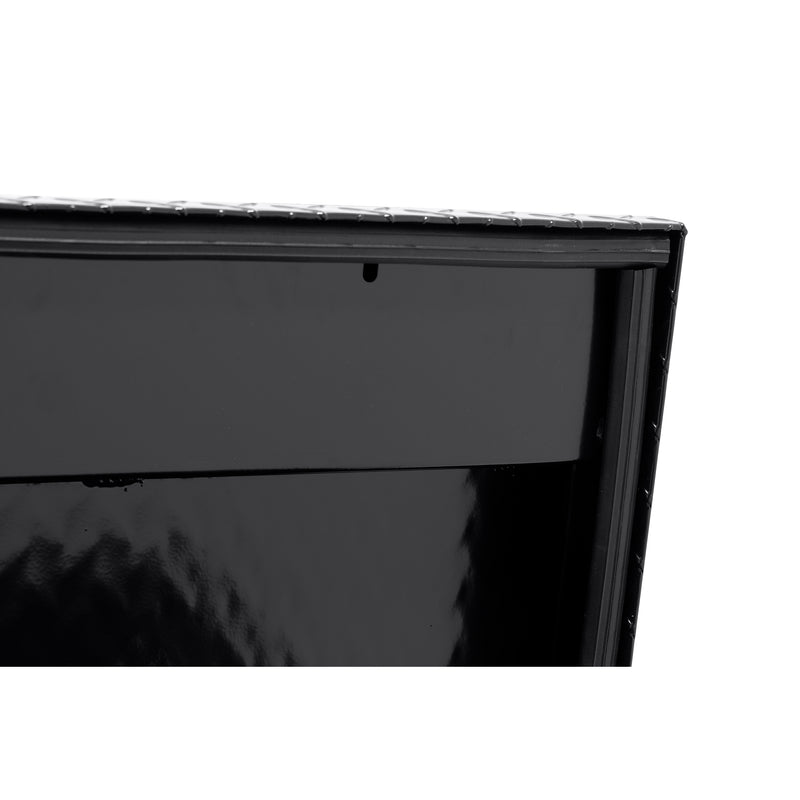 Weather Guard 180-5-04 low-profile Lo-Side box in gloss black, close-up of the D-shaped ribbed weather seal around the opening