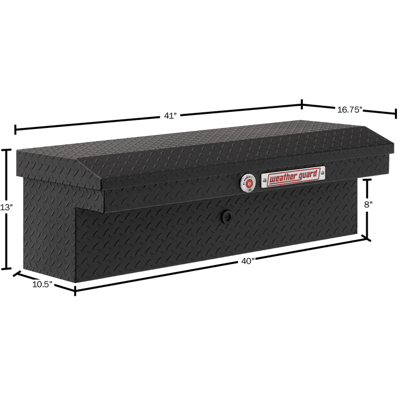 Weather Guard 180-52-04 low-profile Lo-Side box in textured matte black, dimensional line drawing with the overall length, width and height called out