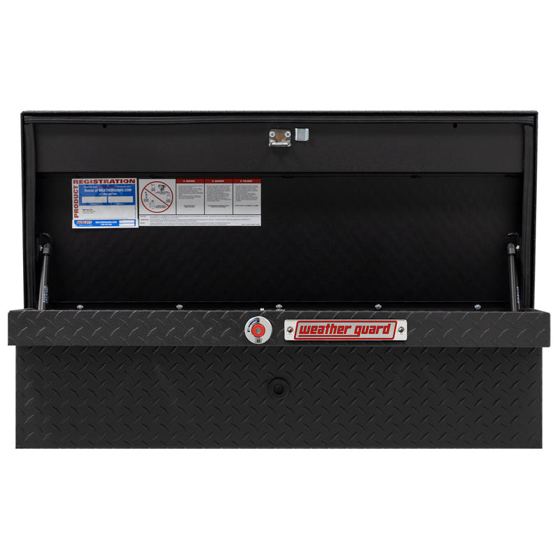 Weather Guard 180-52-04 low-profile Lo-Side box in textured matte black, straight-on front view with the lid open, showing the full interior