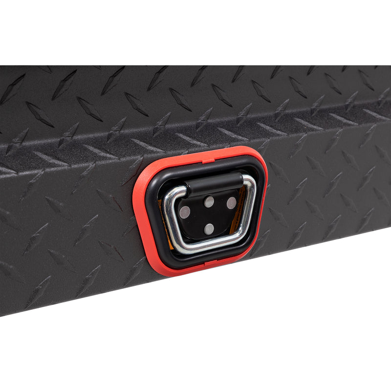 Weather Guard 180-52-04 low-profile Lo-Side box in textured matte black, close-up of the reinforced tie-down buckle on the body