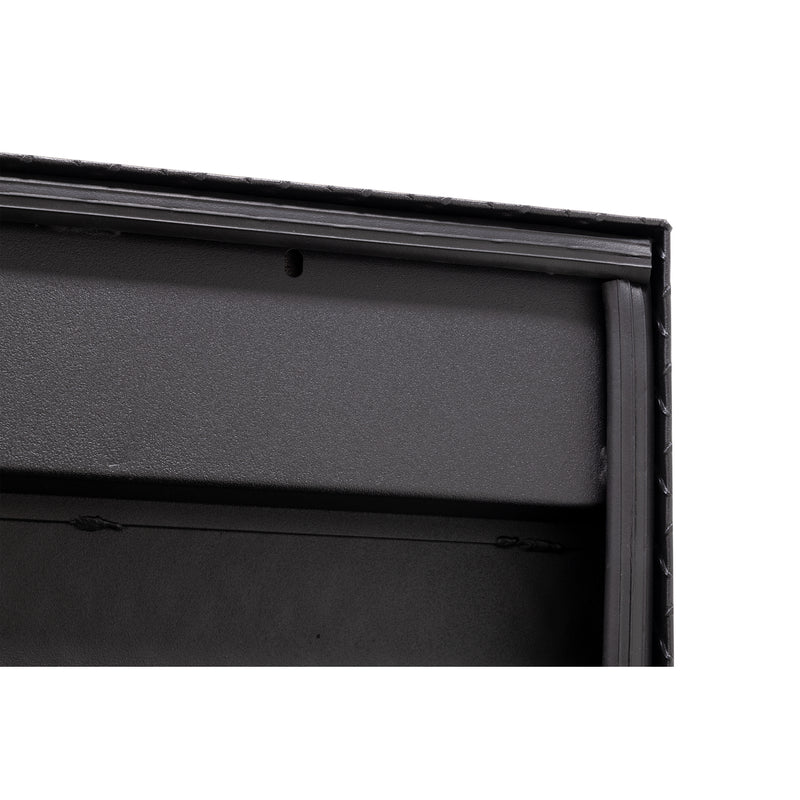 Weather Guard 180-52-04 low-profile Lo-Side box in textured matte black, close-up of the D-shaped ribbed weather seal around the opening