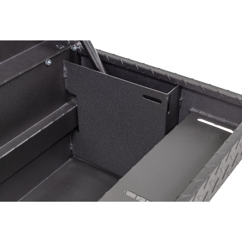 Weather Guard 180-52-04 low-profile Lo-Side box in textured matte black, close-up of the welded gas strut shield inside the body