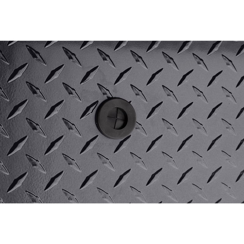Weather Guard 180-6-04 low-profile Lo-Side box in gunmetal gray, close-up of the 12 volt power pass access port grommet