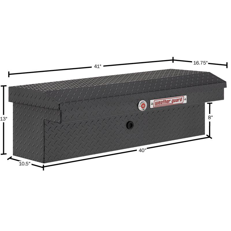 Weather Guard 180-6-04 low-profile Lo-Side box in gunmetal gray, dimensional line drawing with the overall length, width and height called out