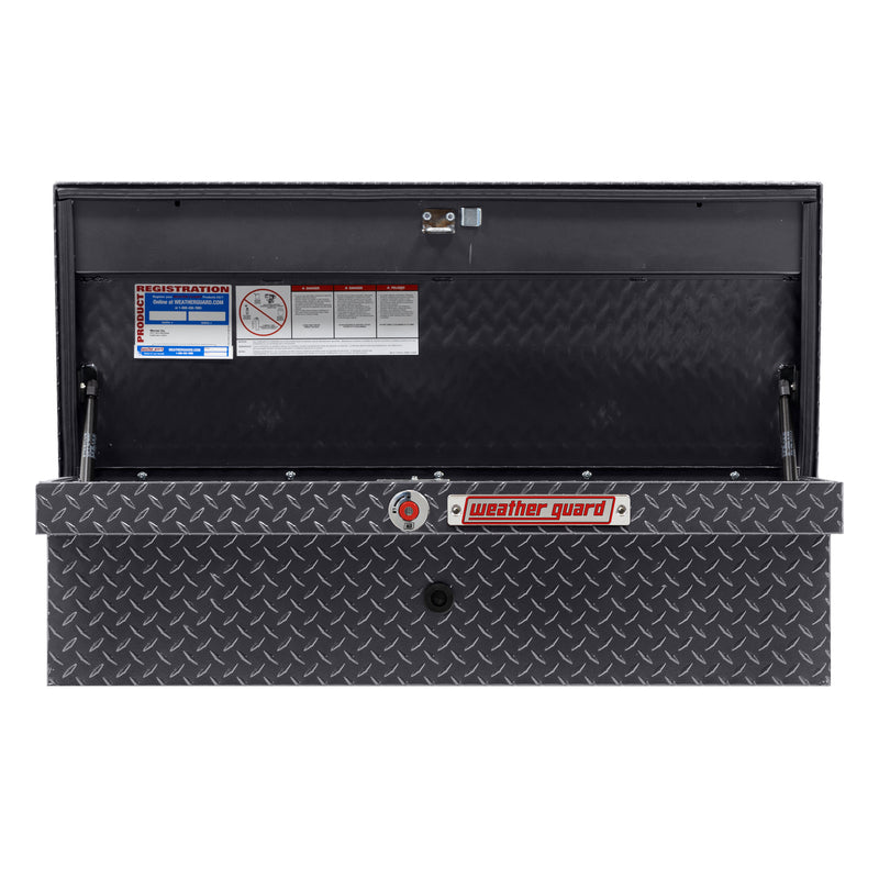 Weather Guard 180-6-04 low-profile Lo-Side box in gunmetal gray, straight-on front view with the lid open, showing the full interior