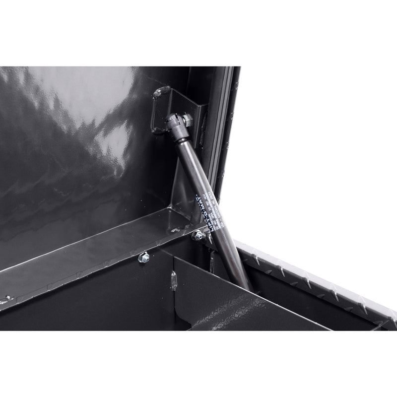 Weather Guard 180-6-04 low-profile Lo-Side box in gunmetal gray, close-up of the gas strut holding the lid open