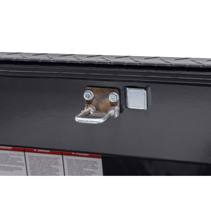 Weather Guard 180-6-04 low-profile Lo-Side box in gunmetal gray, close-up of the latch and striker along the lid opening
