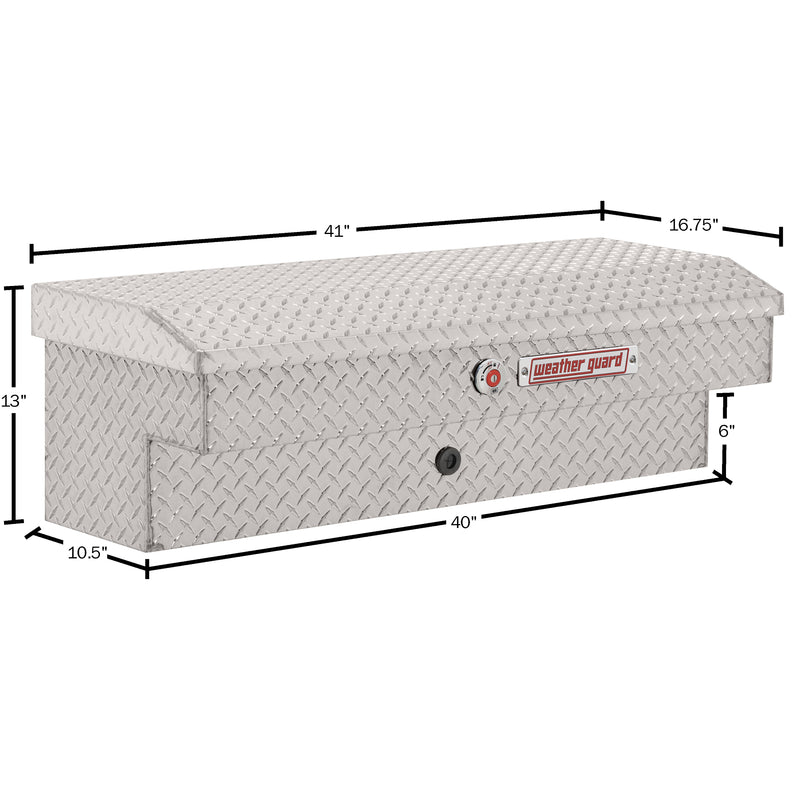 Weather Guard 184-0-04 Lo-Side box in bright aluminum diamond plate, dimensional line drawing with the overall length, width and height called out