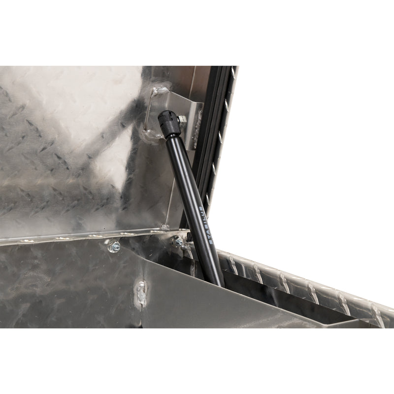 Weather Guard 184-0-04 Lo-Side box in bright aluminum diamond plate, close-up of the gas strut holding the lid open