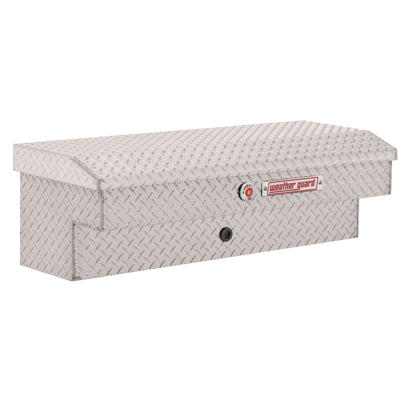 Weather Guard 184-0-04 Lo-Side box in bright aluminum diamond plate, front three-quarter studio view with the lid closed