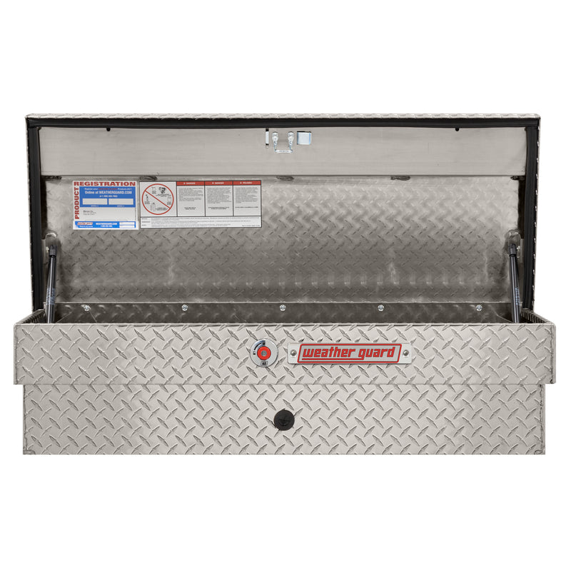Weather Guard 184-0-04 Lo-Side box in bright aluminum diamond plate, lid open, showing the interior floor and the full opening