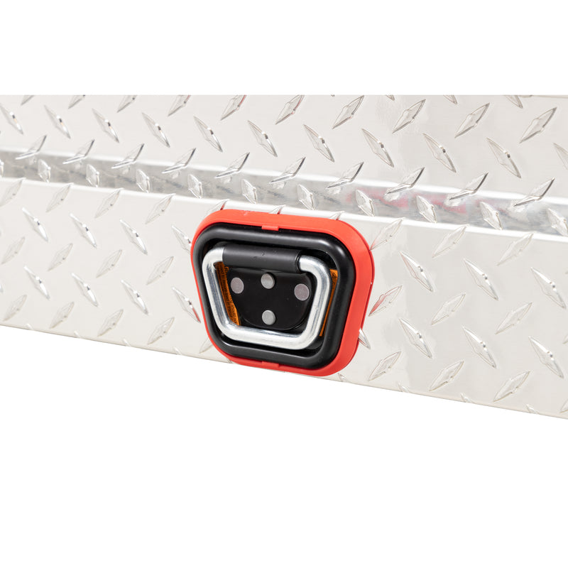 Weather Guard 184-0-04 Lo-Side box in bright aluminum diamond plate, close-up of the reinforced tie-down buckle on the body