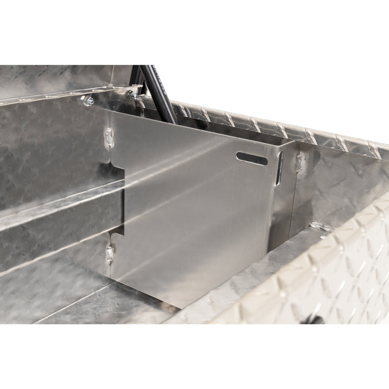 Weather Guard 184-0-04 Lo-Side box in bright aluminum diamond plate, close-up of the welded gas strut shield inside the body